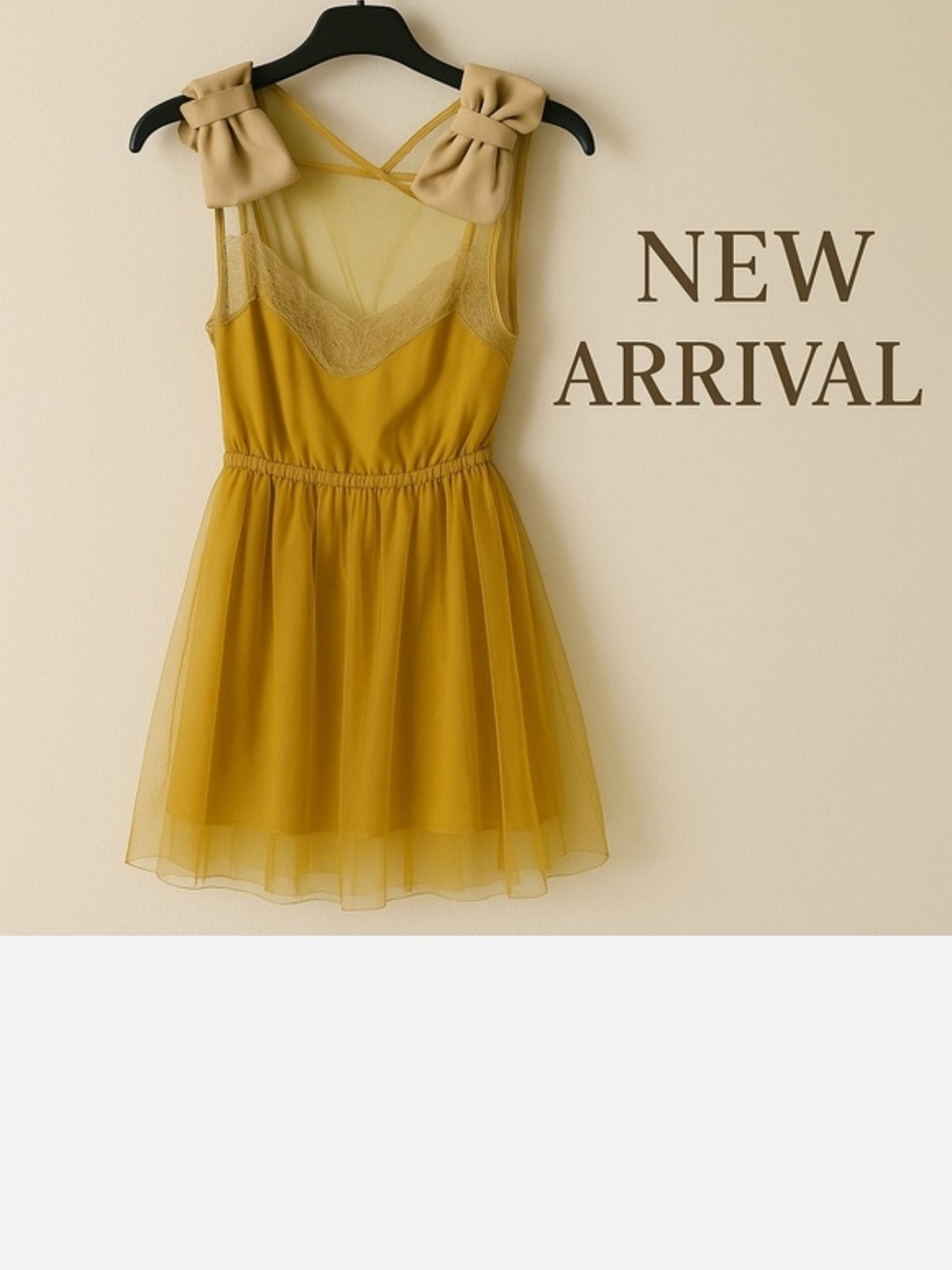 Women's YELLOW Bow Strap in GOLD Sleeveless Dress - Free Matching Hair Clip